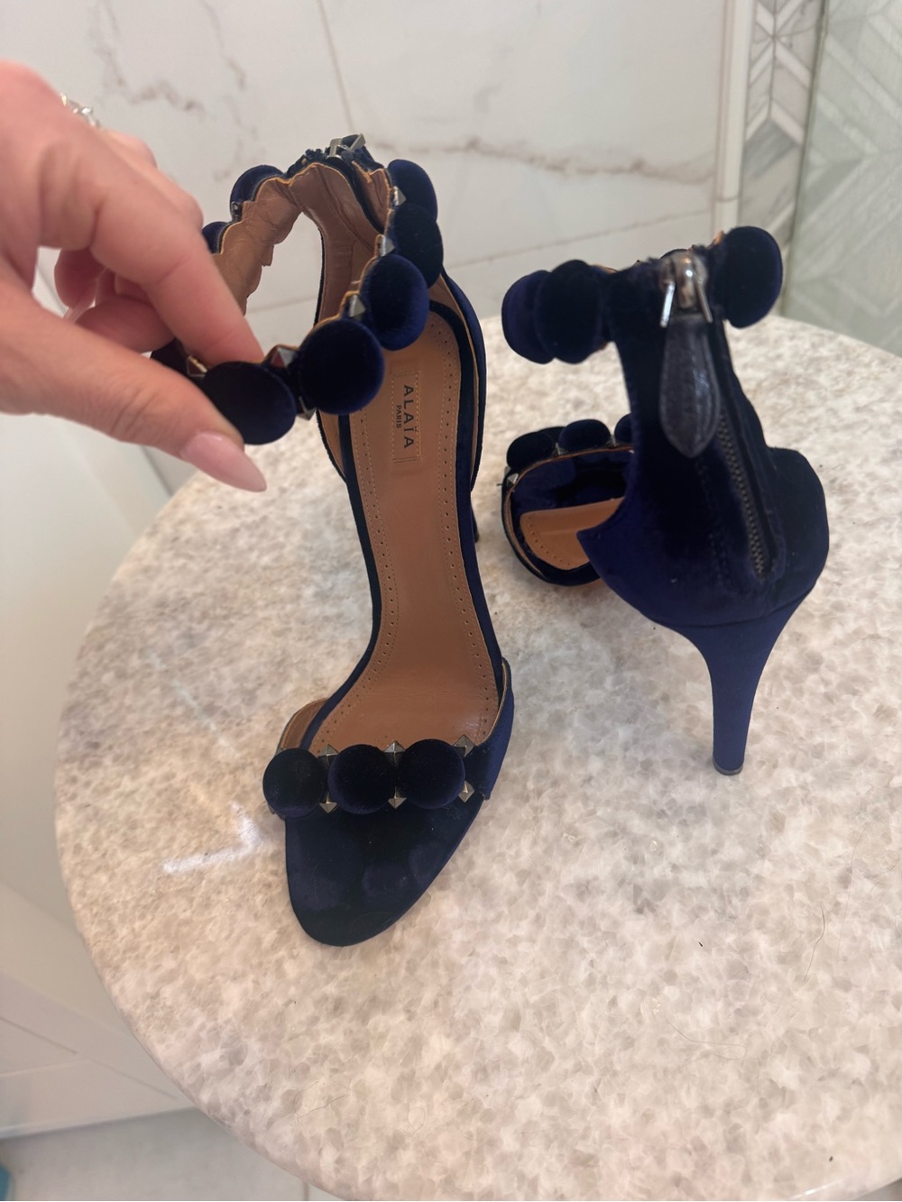 Alaia Navy Satin Pom-Pom Ankle-Strap Heels - Picture 14 of 16